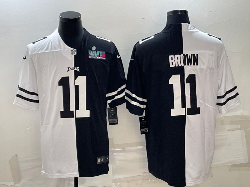 Men's Black & White Philadelphia Eagles #11 A.J. Brown Split Super Bowl LVII Patch Limited Stitched Jersey